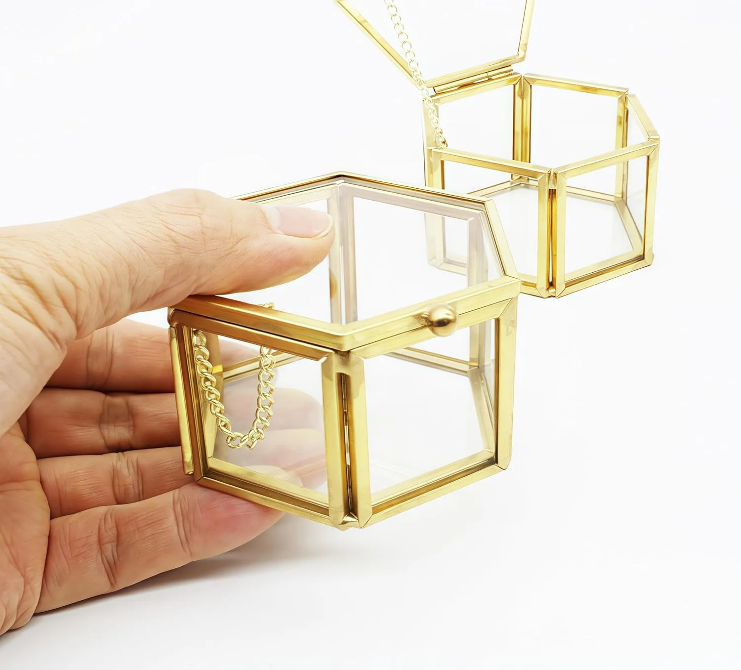 JIARI Glass Jewelry Box Small Gold Hexagonal Decorative Box Ring Earring Display Keepsake Box Case Box for Storage (Small 2 Pack)