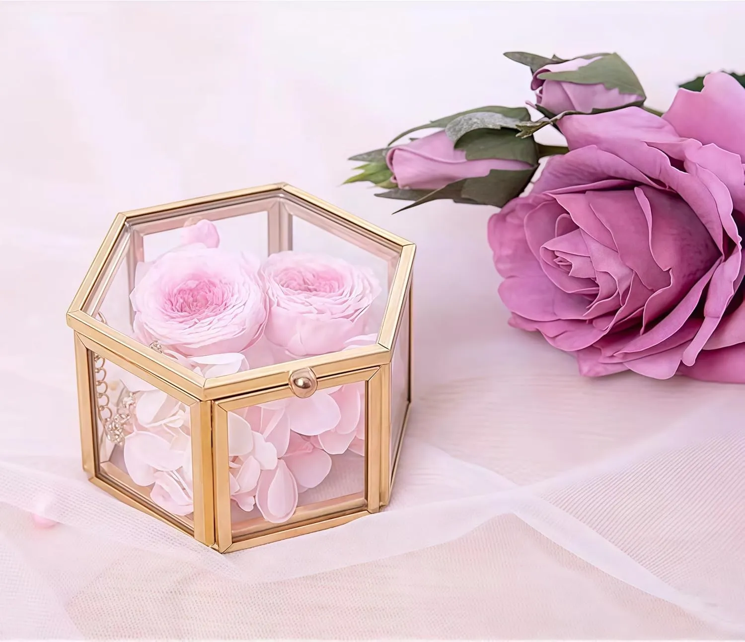 JIARI Glass Jewelry Box Small Gold Hexagonal Decorative Box Ring Earring Display Keepsake Box Case Box for Storage (Small 2 Pack)