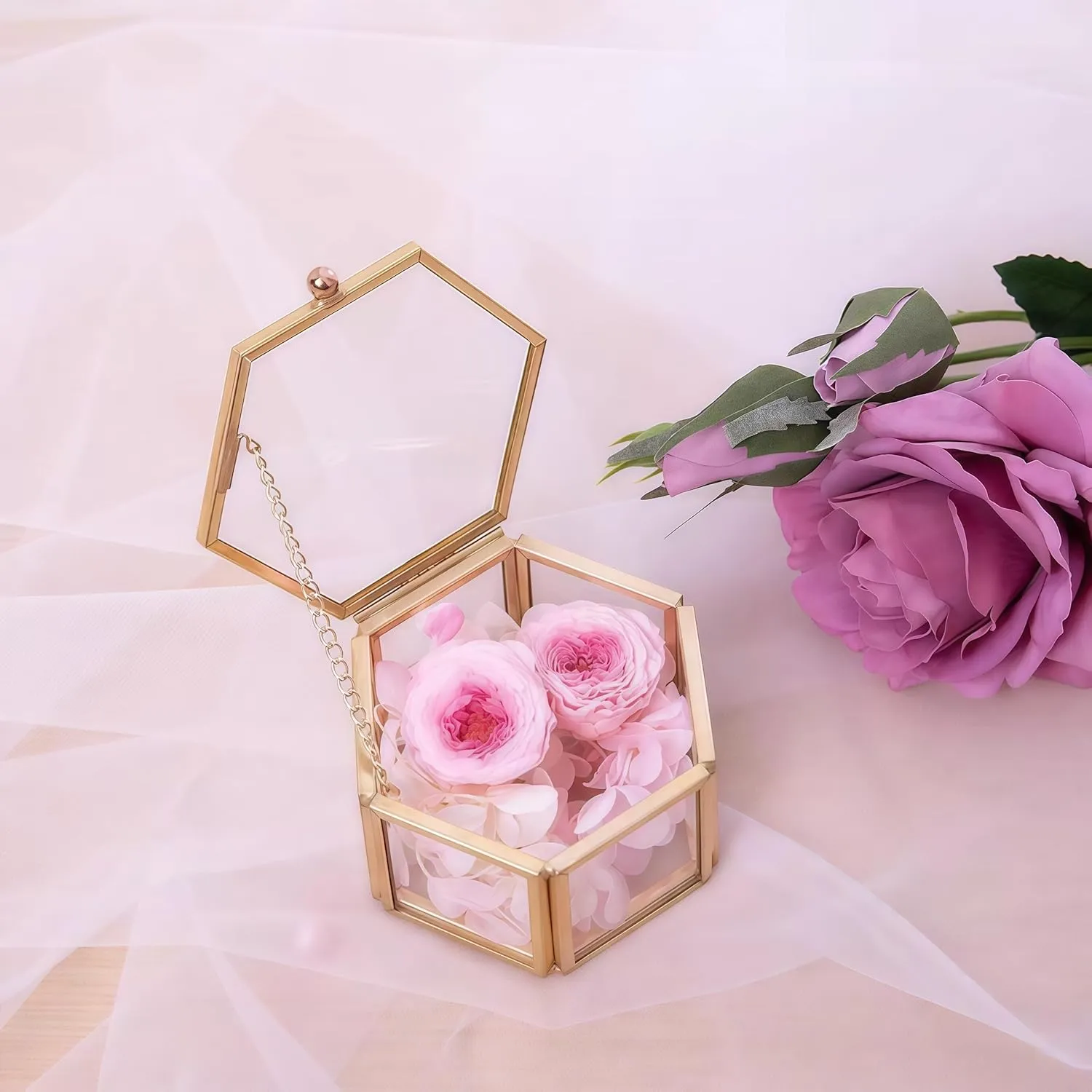 JIARI Glass Jewelry Box Small Gold Hexagonal Decorative Box Ring Earring Display Keepsake Box Case Box for Storage (Small 2 Pack)