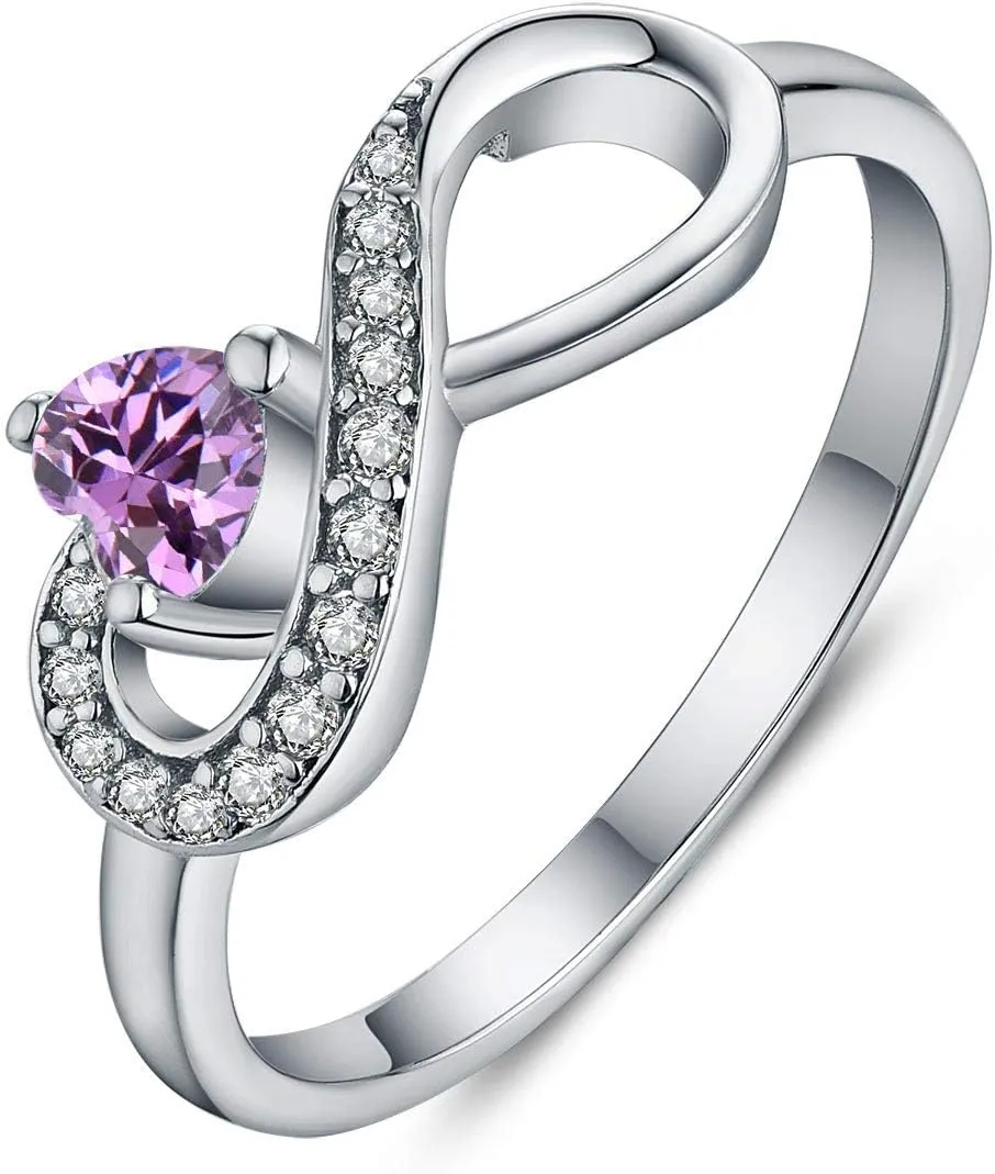 JO WISDOM Promise Ring for Women Sterling Silver Infinity Heart Promise Rings for Her Birthstone Cubic Zirconia Friendship Ring Size 5-12