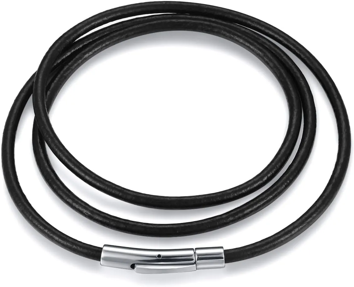 jonline24h Mens Womens Black Leather Cord Necklace Rope Chain with Stainless Steel Clasp 3mm 16-30 inch