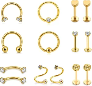 Jovivi 16G Lip Rings Stainless Steel Monroe Labret Studs Cartilage Tragus Earrings Nose Ring Hoop Lobe Daith Rook Helix Earring Stud Barbell Piercing Jewelry for Women Men 14 Pcs
