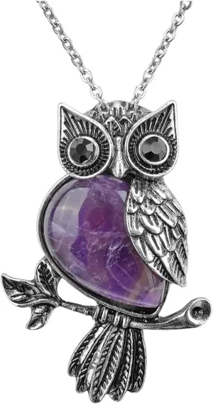 Jovivi Owl Gifts Owl Necklace Healing Crystal Stones Pendant Necklaces for Women Men Natural Amethyst Rose Quartz Gemstone Jewelry for Reiki Spiritual Energy Lucky