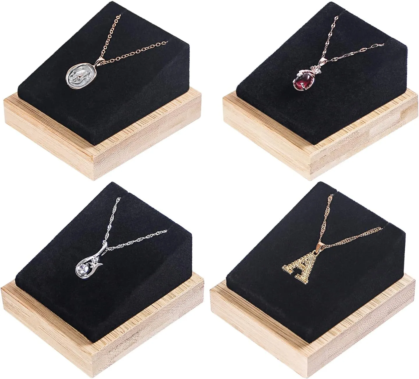 Julysky Bamboo 4 Pcs Necklace Pendant Display Stand for Show Jewelry Holder for Selling Necklace Organizer (black velvet)