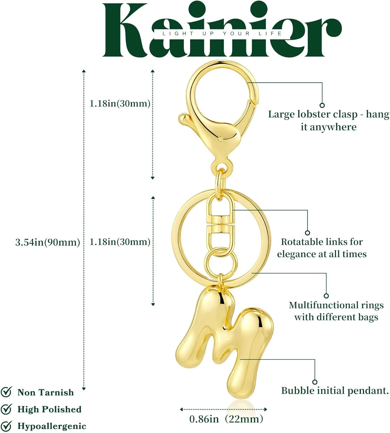 Kainier Gold Bubble Initial Keychain for Women Bag Charm Purse Key Alphabet Handbags Pendant Accessories Gift