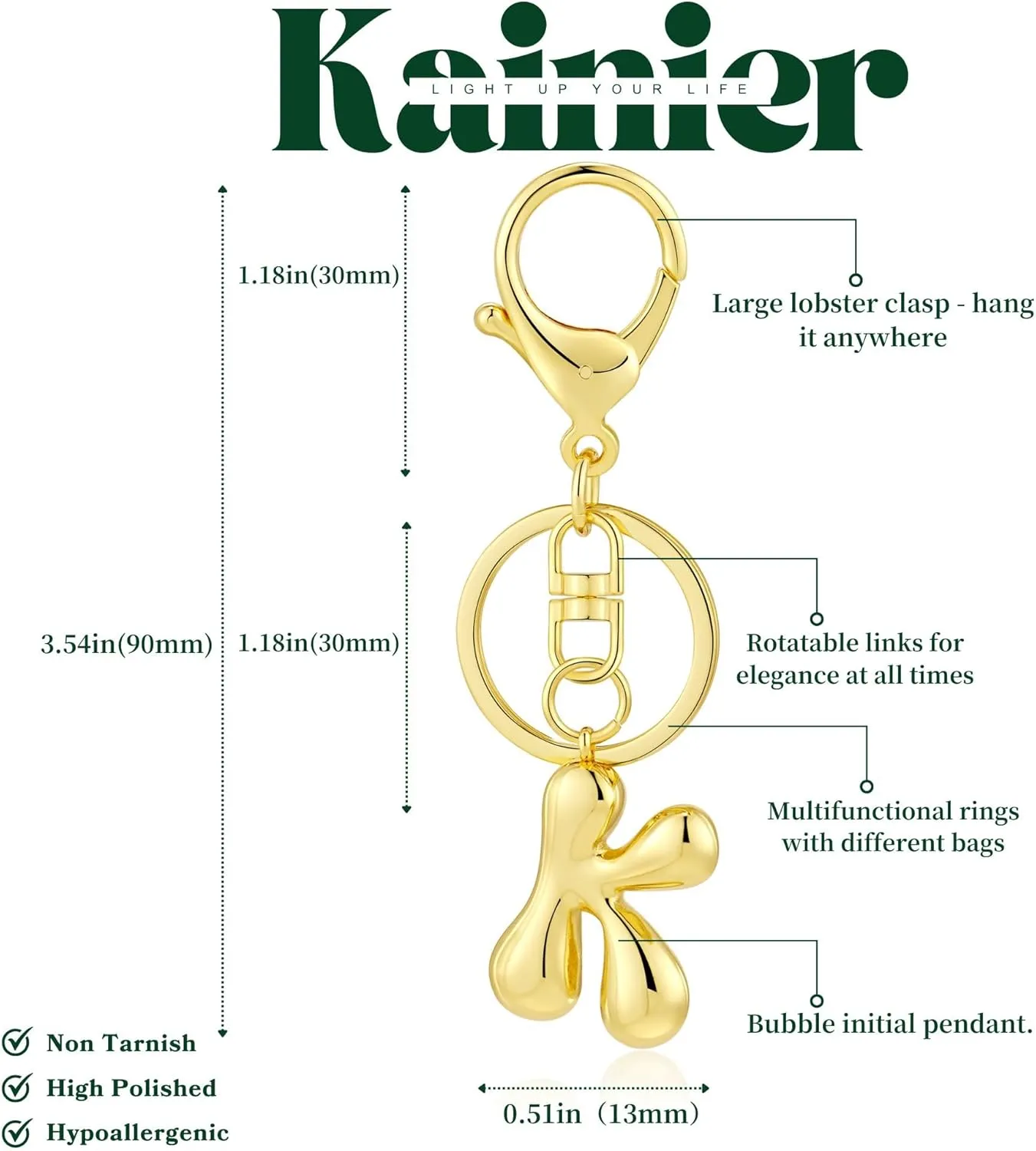 Kainier Gold Bubble Initial Keychain for Women Bag Charm Purse Key Alphabet Handbags Pendant Accessories Gift