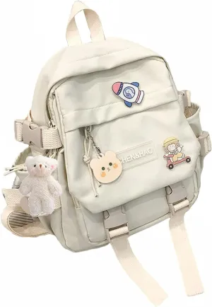 kawaii backpack girl school bag waterproof nylon with kawaii pendant cute pin mini backpack(white)