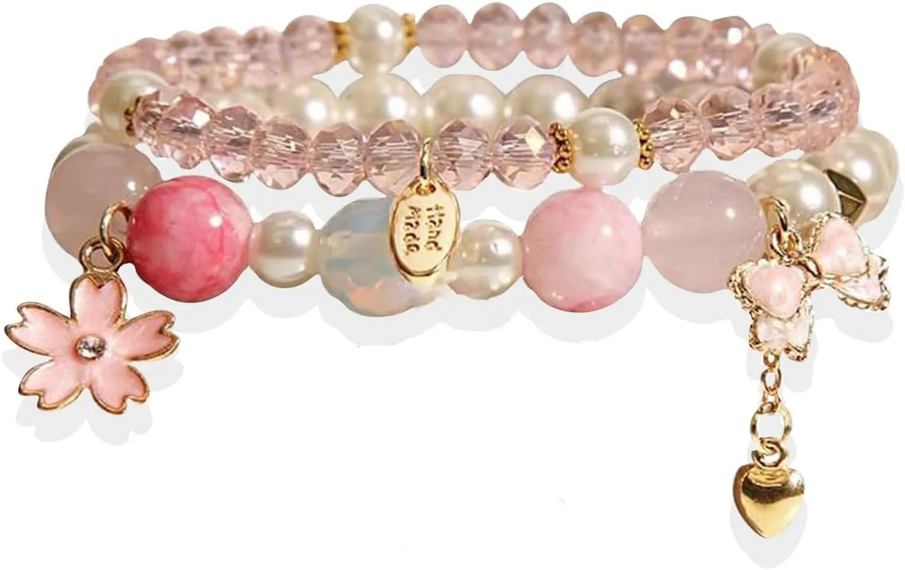 Kawaii Crystal Beads Cartoon Charm Bracelets - 8mm Crystal Beads Elastic Beaded Bracelets, Cute Jewelry Gift for Girls, Birthday, Party Favors, Friendship Gifts