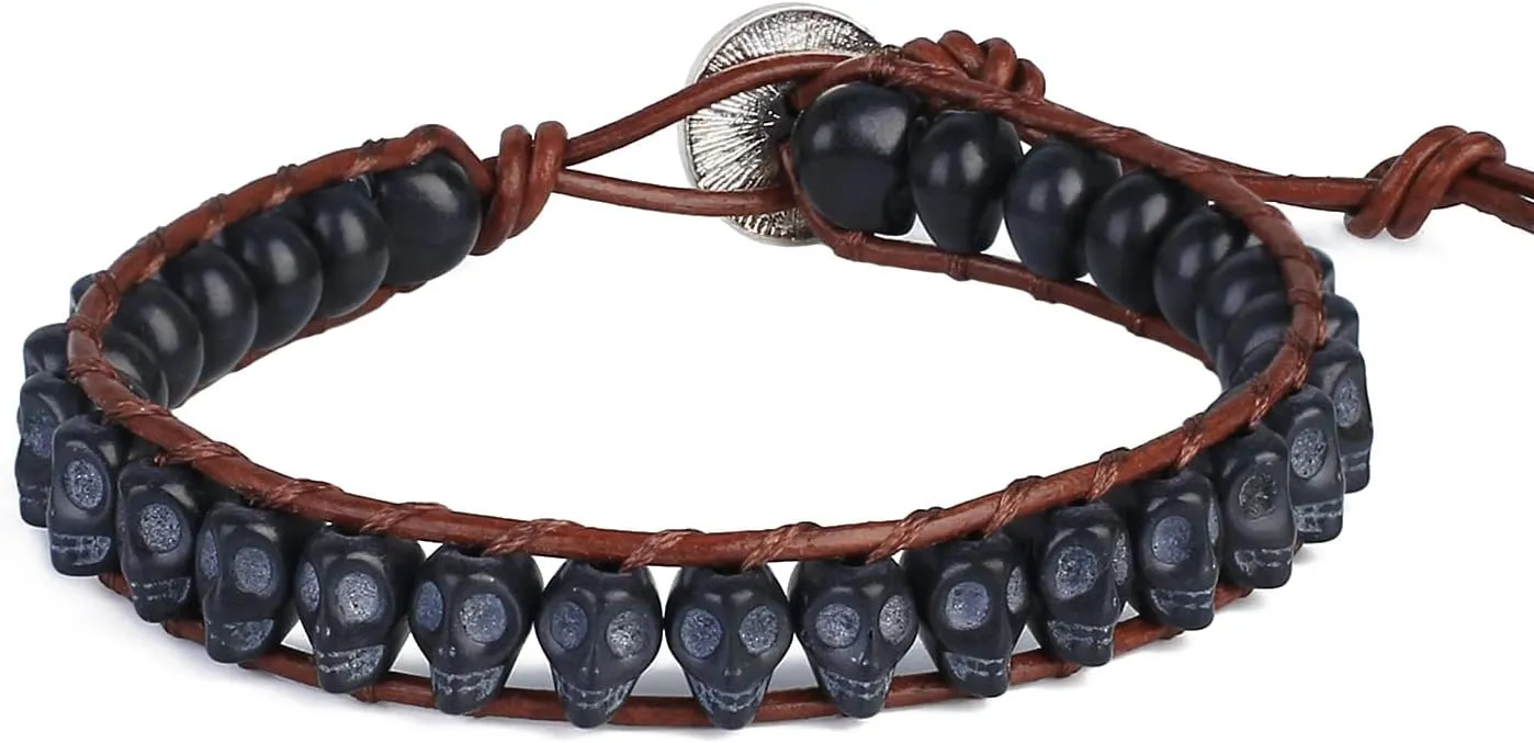 KELITCH New Skull Turquoise Beaded Wrap Bracelet on Brown Leather Handmade Bracelets New Jewelry