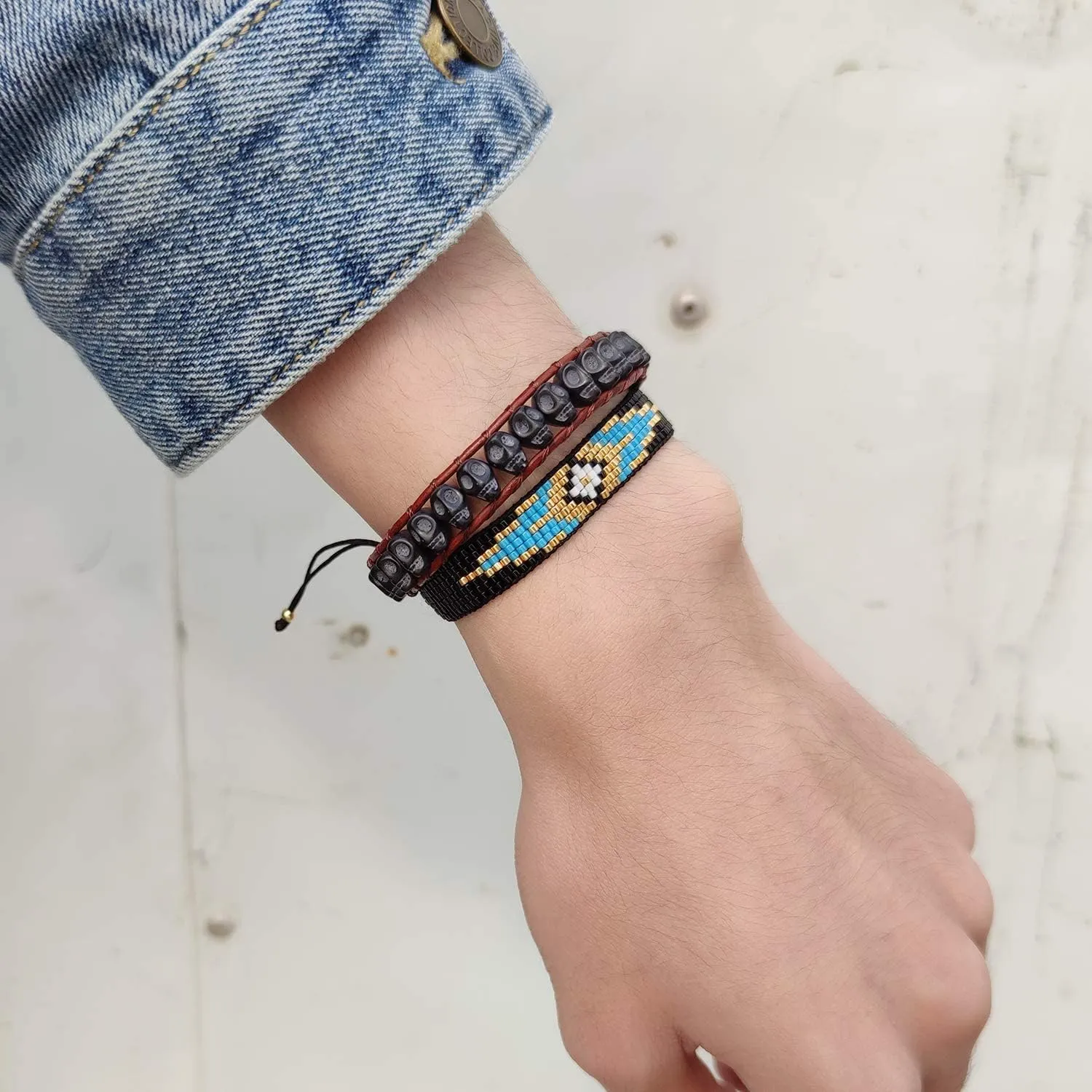 KELITCH New Skull Turquoise Beaded Wrap Bracelet on Brown Leather Handmade Bracelets New Jewelry