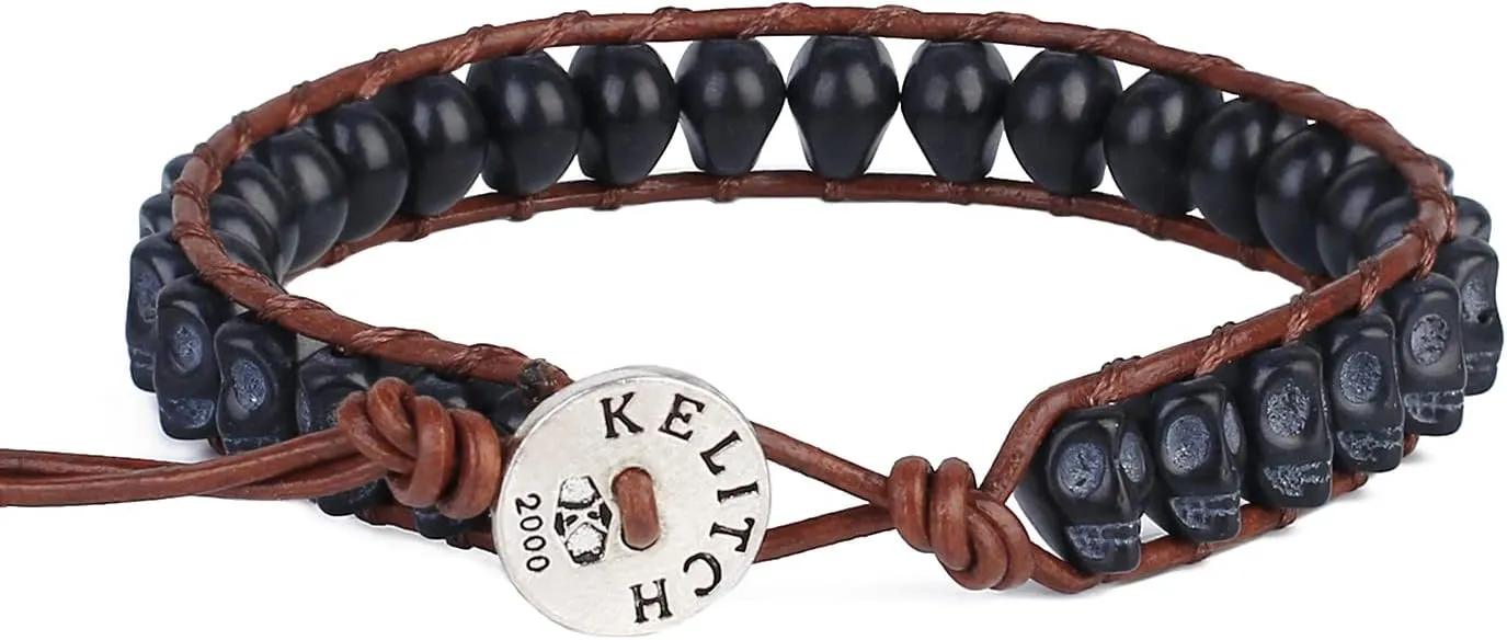 KELITCH New Skull Turquoise Beaded Wrap Bracelet on Brown Leather Handmade Bracelets New Jewelry