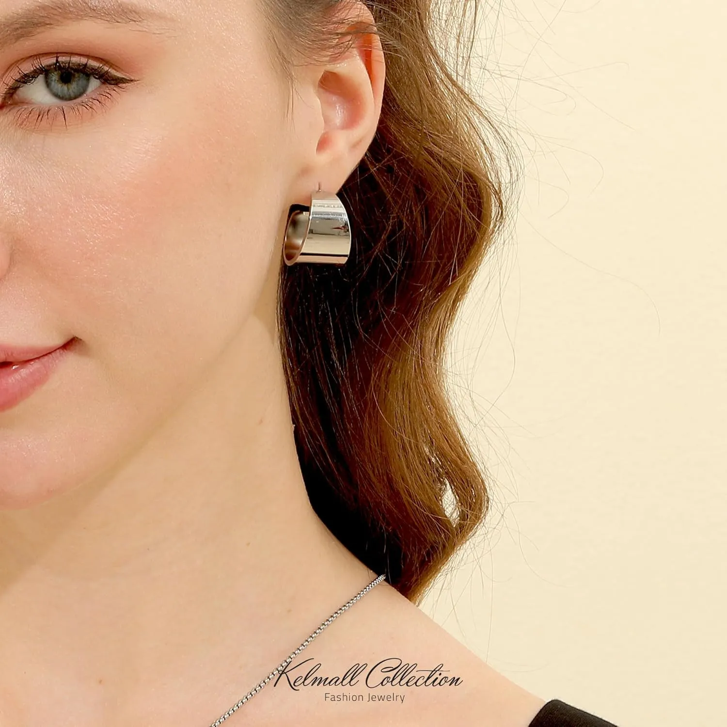 KELMALL Wide Gold Band Hoop Earrings for Women  Bold Gold Plated Stainless Steel Statement Jewelry, Lightweight Polished Open Cuff Design