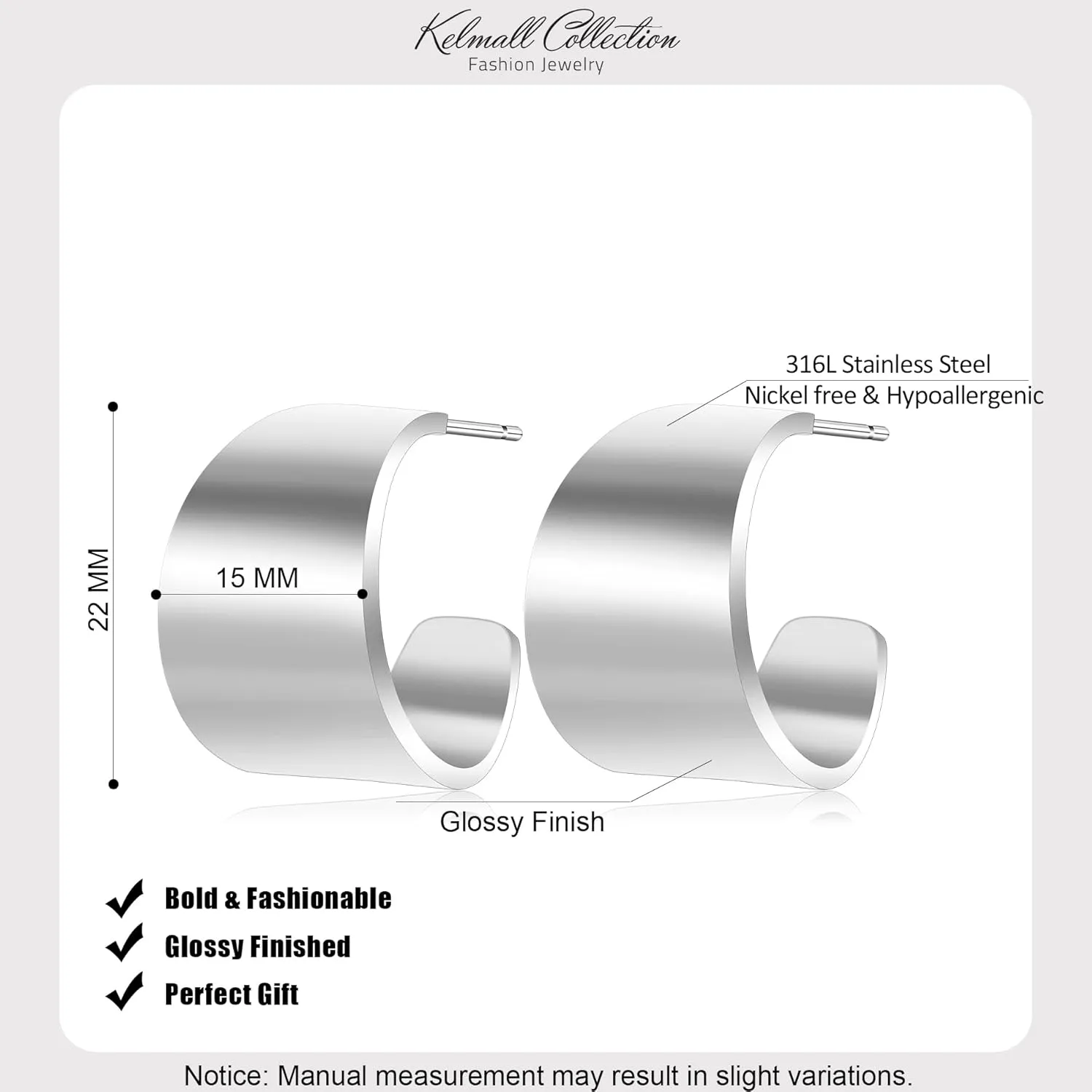 KELMALL Wide Gold Band Hoop Earrings for Women  Bold Gold Plated Stainless Steel Statement Jewelry, Lightweight Polished Open Cuff Design