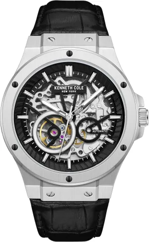 Kenneth Cole New York Men's Automatic Watch - Skeleton Dial, Silver-Tone Case, Black Genuine Leather Strap, 43mm Case Design