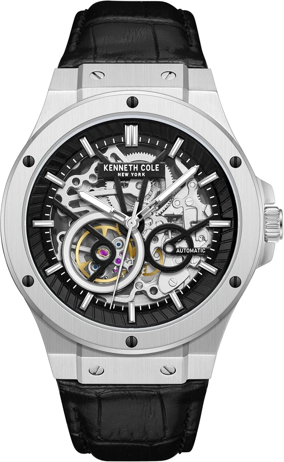 Kenneth Cole New York Men's Automatic Watch - Skeleton Dial, Silver-Tone Case, Black Genuine Leather Strap, 43mm Case Design