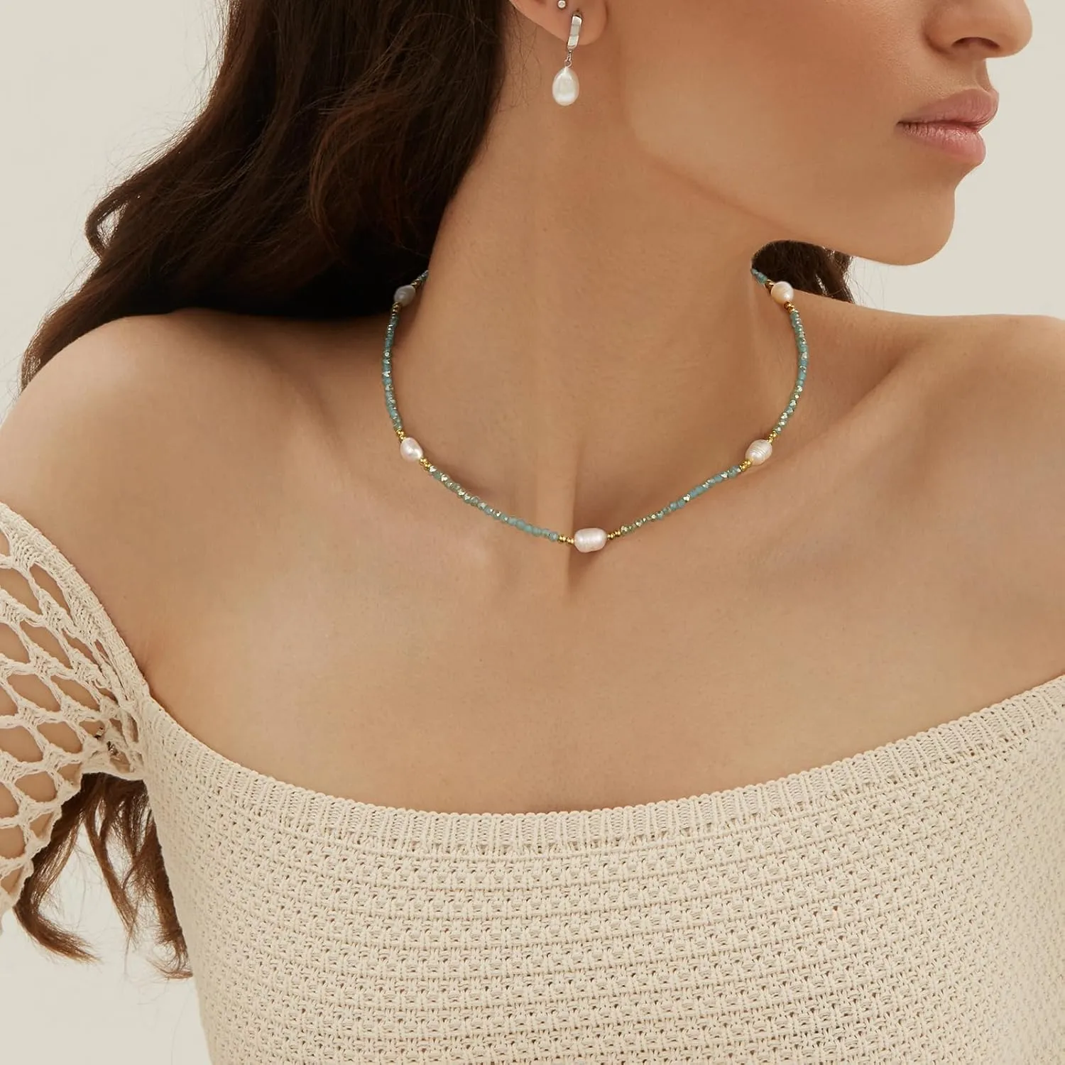 KissYan Beaded Choker Necklace for Women, Colorful Natural Gemstones Pearl Choker 14K Gold Plated Pendant Healing Crystal Necklace Handmade Stone Jewelry Gift