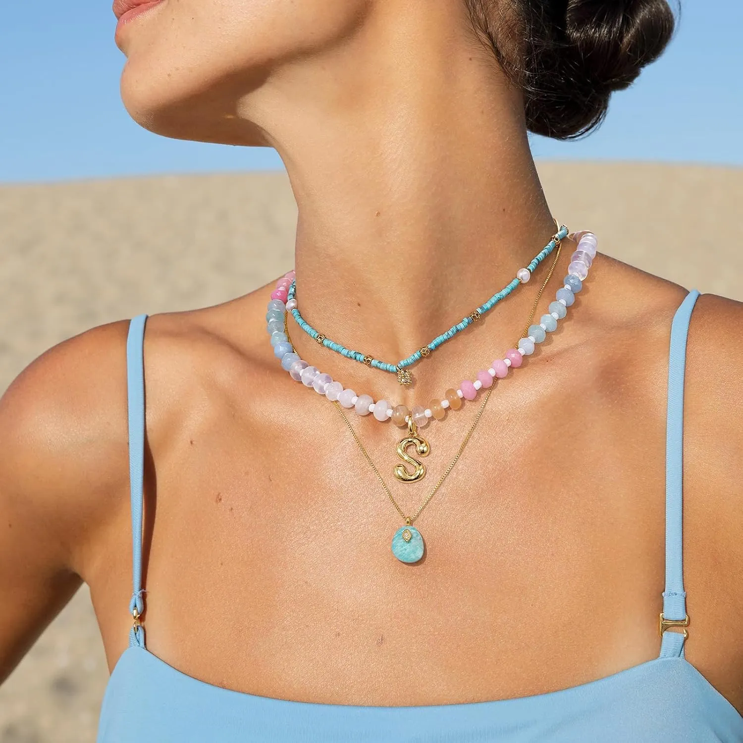 KissYan Initial Necklaces for Women, Colorful Beaded Gemstone Choker 14K Gold Bubble Letter Pendant Necklace Natural Stone Summer Beach Handmade Jewelry Gift