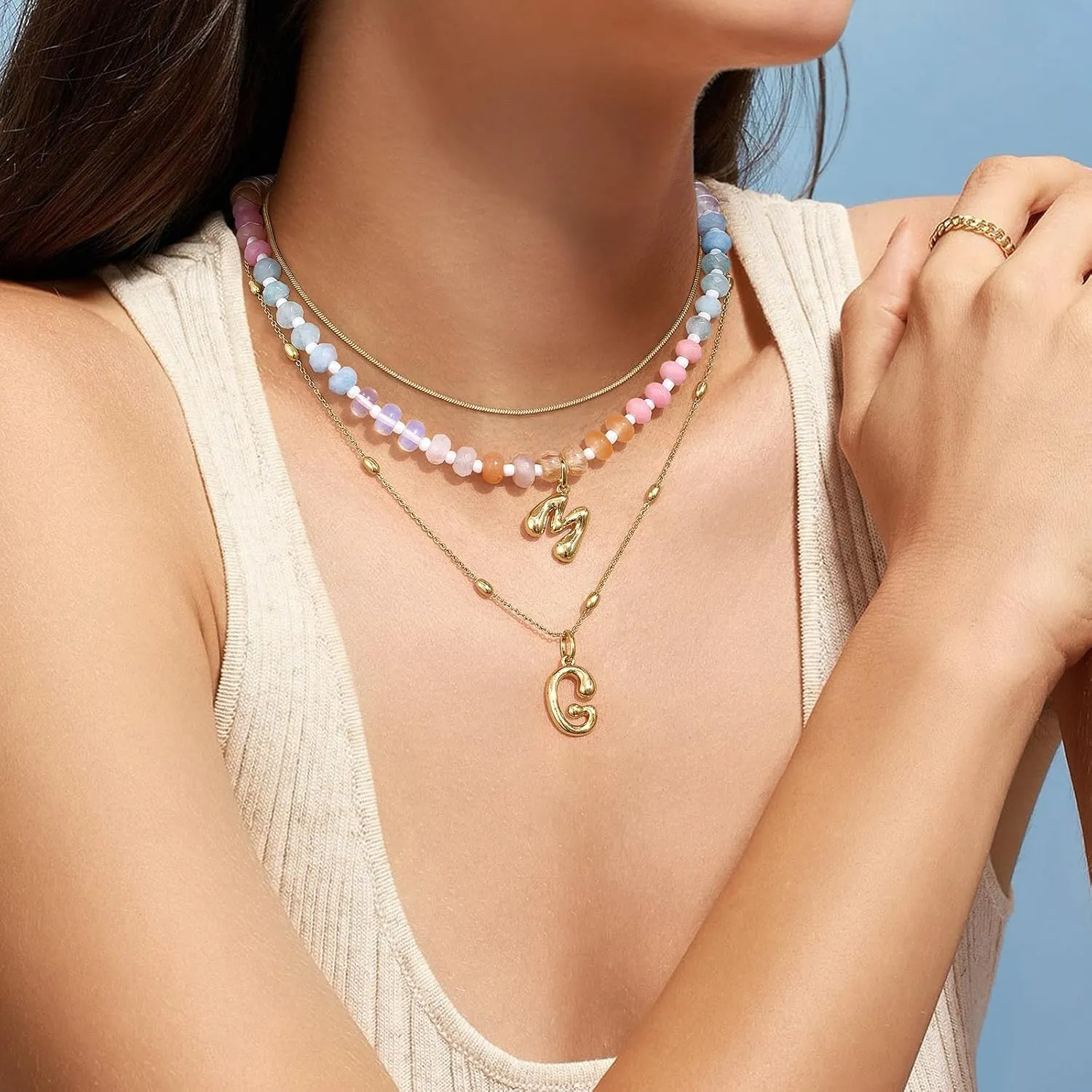 KissYan Initial Necklaces for Women, Colorful Beaded Gemstone Choker 14K Gold Bubble Letter Pendant Necklace Natural Stone Summer Beach Handmade Jewelry Gift