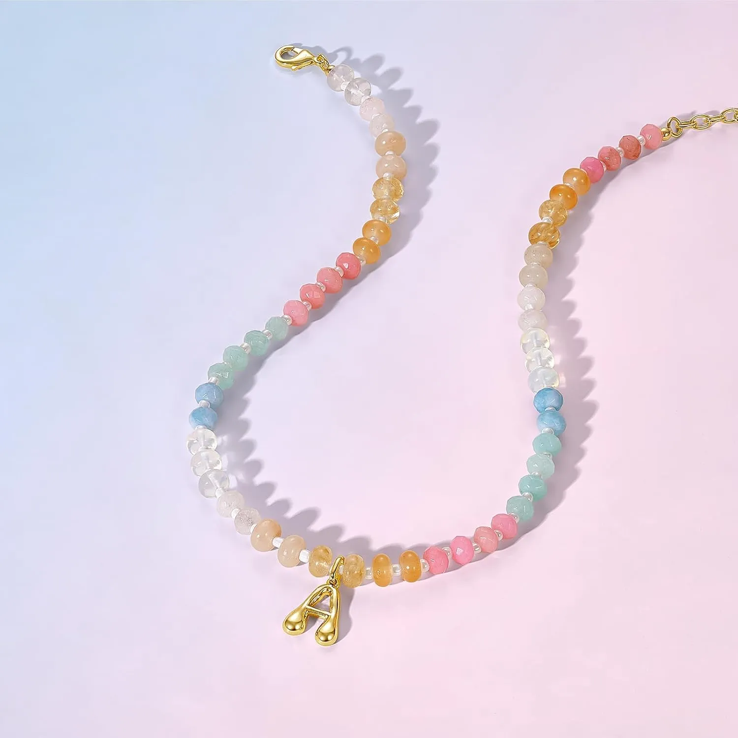 KissYan Initial Necklaces for Women, Colorful Beaded Gemstone Choker 14K Gold Bubble Letter Pendant Necklace Natural Stone Summer Beach Handmade Jewelry Gift