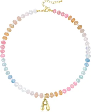 KissYan Initial Necklaces for Women, Colorful Beaded Gemstone Choker 14K Gold Bubble Letter Pendant Necklace Natural Stone Summer Beach Handmade Jewelry Gift