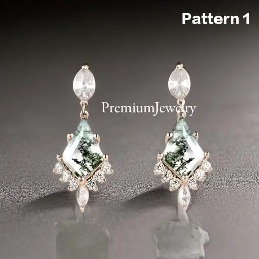 Kite Shaped Natural Moss Agate Delicate Studs in 925 Sterling Silver for Women, Marquise Cut Earrings, Bridal Set Earrings, Vintage Set Studs, Unique Earrings, Engagement Studs