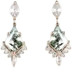 Kite Shaped Natural Moss Agate Delicate Studs in 925 Sterling Silver for Women, Marquise Cut Earrings, Bridal Set Earrings, Vintage Set Studs, Unique Earrings, Engagement Studs