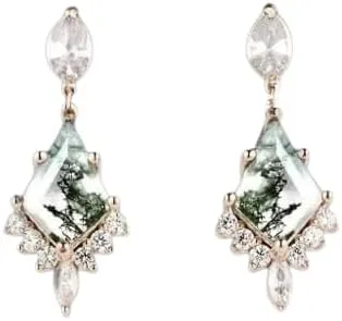 Kite Shaped Natural Moss Agate Delicate Studs in 925 Sterling Silver for Women, Marquise Cut Earrings, Bridal Set Earrings, Vintage Set Studs, Unique Earrings, Engagement Studs