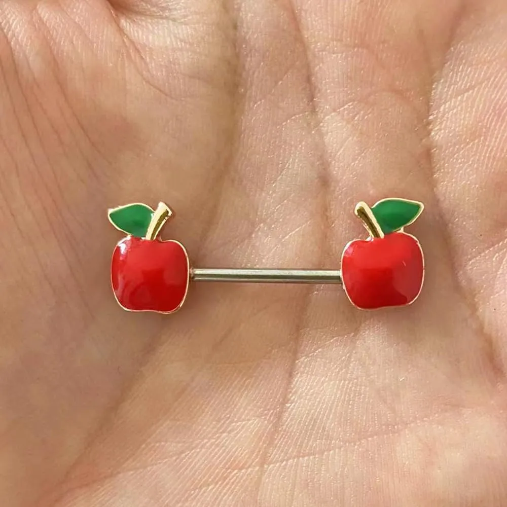Kokoma 14G Red Apple Nipple Rings for Women Enamel Fruit Nipplerings Straight Tongue Rings Barbell Bar Piercing Body Jewelry Summer Beach Accessory