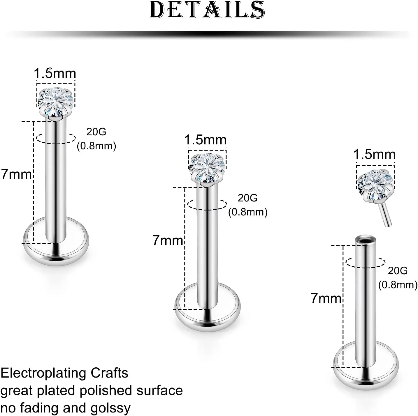 Kridzisw 20G 18G Threadless Push in Nose Rings Studs Stainless Steel Nose Nostril Piercing Jewelry for Women Men CZ Inlaid 1.5MM 2MM 2.5MM 3MM 15Pcs-16Pcs