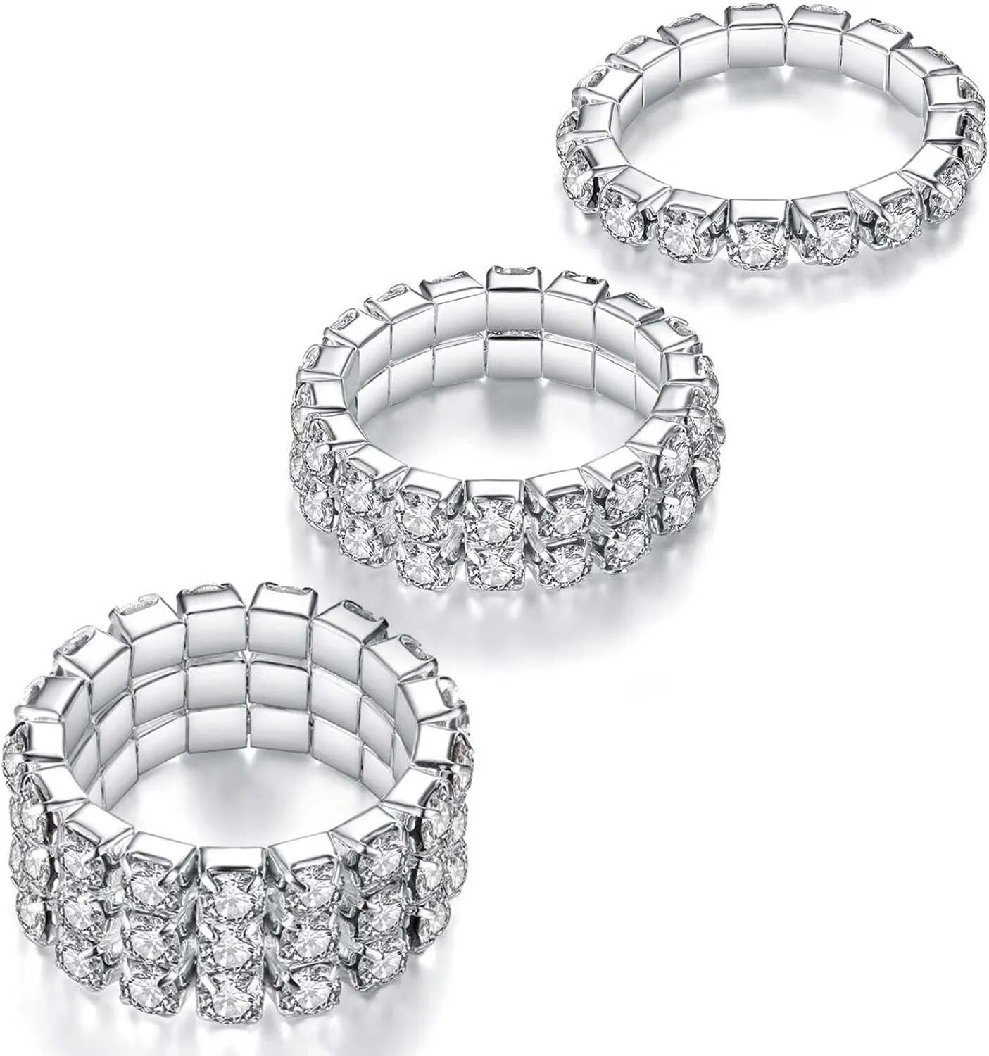 Kucheed 3PCS Rhinestone Stretch Ring, Fashion Crystal Stackable Finger Rings Set, Cute Toe Ring Body Jewelry, Silver Diamond Elastic Band Ring Accessories, Sparkly Thumb Pinky Ring for Women