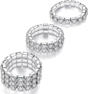 Kucheed 3PCS Rhinestone Stretch Ring, Fashion Crystal Stackable Finger Rings Set, Cute Toe Ring Body Jewelry, Silver Diamond Elastic Band Ring Accessories, Sparkly Thumb Pinky Ring for Women