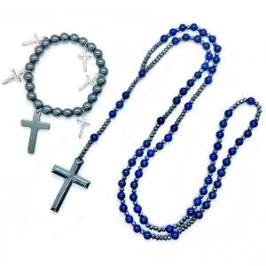 Lapis Lazuli Necklace Cross Pendants Necklace, Magnetic Cross Hematite Bracelet for Swelling Relief, Fashion Religion Cross Jewelry Natural Healing Crystal Stone Chakra Relief Anxiety (Blue)