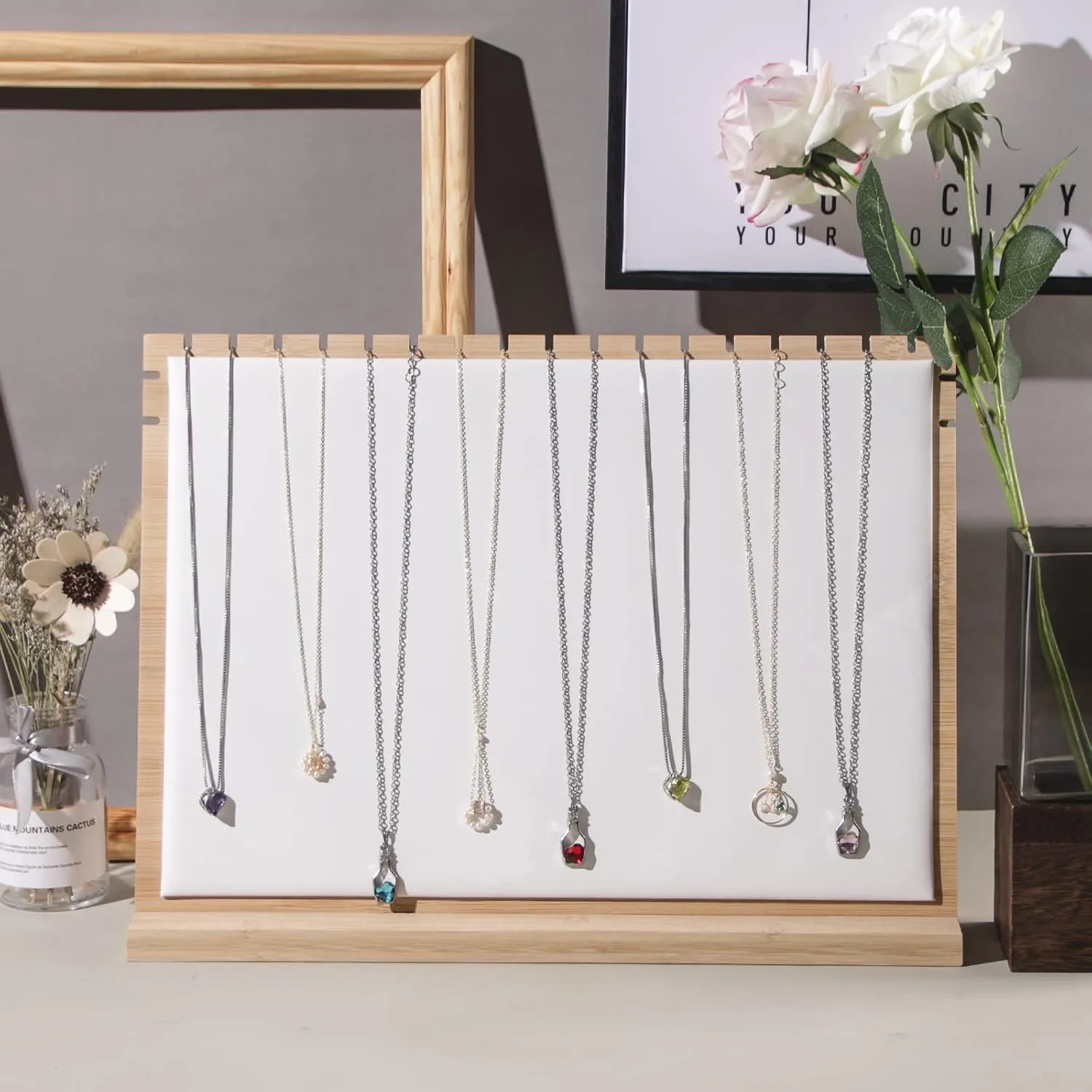 Large Bamboo Necklace Display Stand, Pendant Necklace Wood Jewellery Holder, Chain Jewelry Big Rack Organizer for Store Show Sell (White PU)