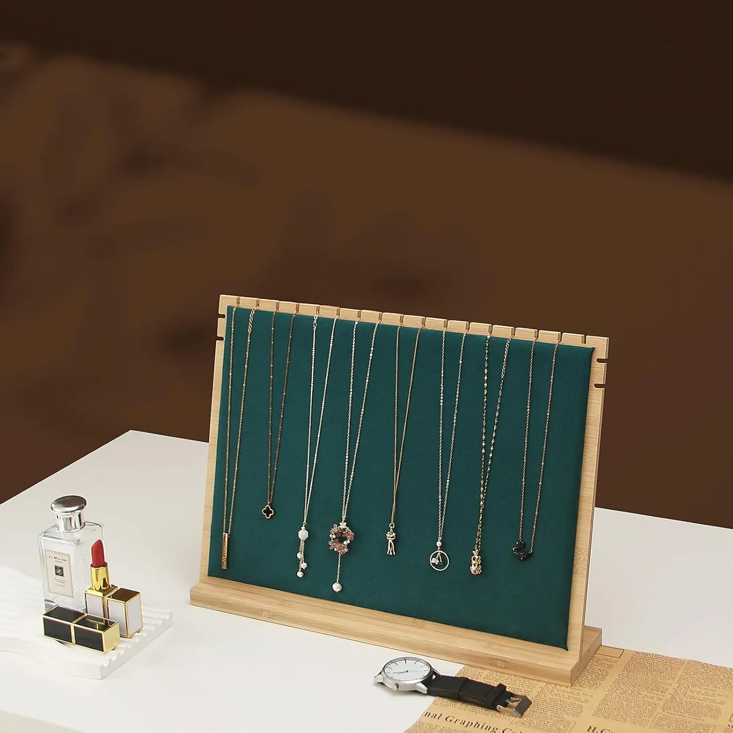 Large Bamboo Necklace Display Stand, Pendant Necklace Wood Jewellery Holder, Chain Necklace Jewelry Big Board Organizer Rack for Store Show Sell (Dark Green Velvet)
