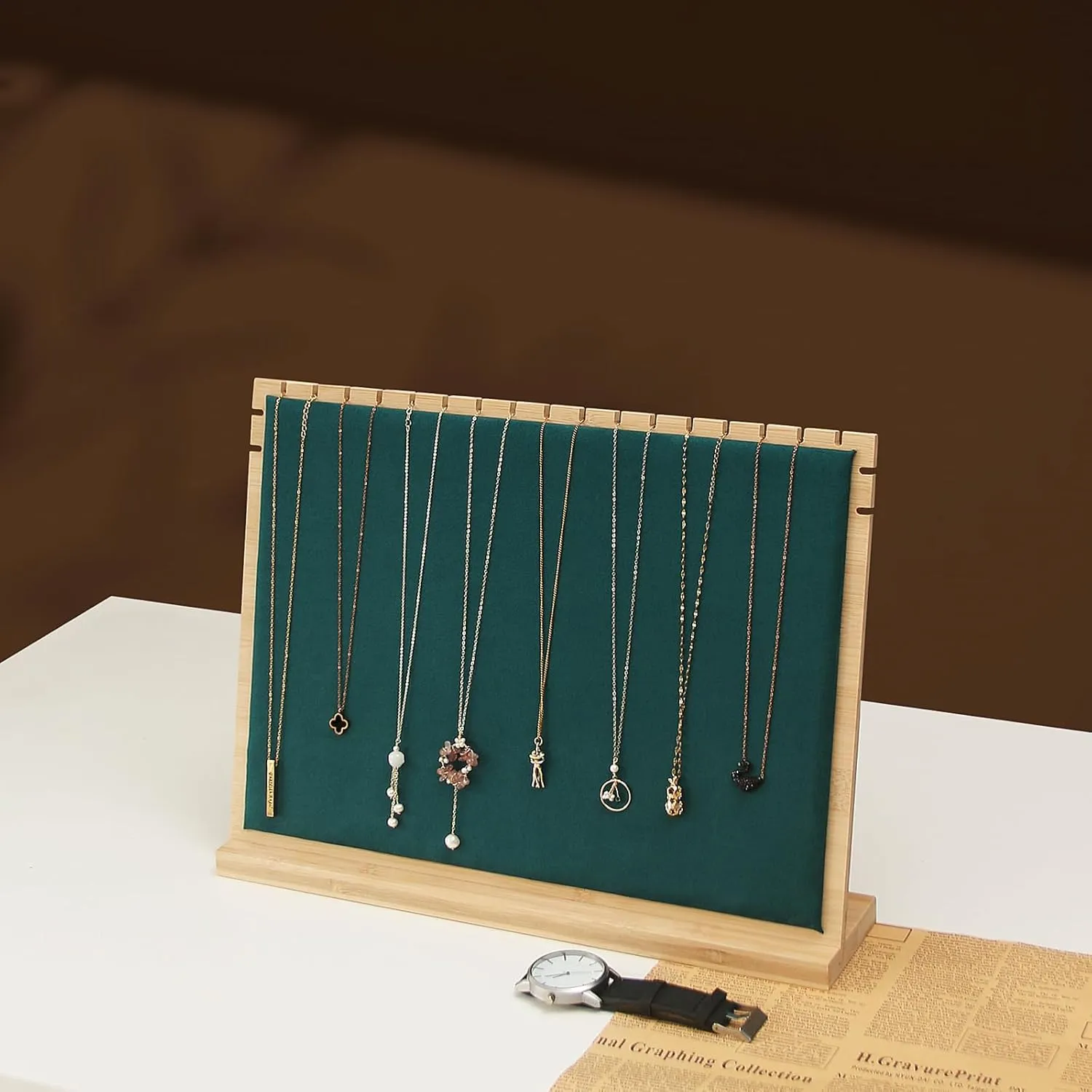 Large Bamboo Necklace Display Stand, Pendant Necklace Wood Jewellery Holder, Chain Necklace Jewelry Big Board Organizer Rack for Store Show Sell (Dark Green Velvet)