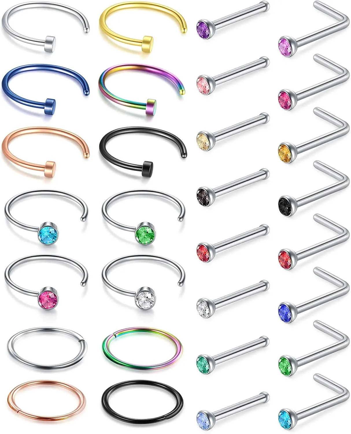 LAURITAMI 18g 20g 22g Nose Rings Surgical Steel Nose Ring Nose Rings Hoops Studs Diamond Nose Nostril Piercing Jewelry for Women Men Silver Black Gold Rose Gold