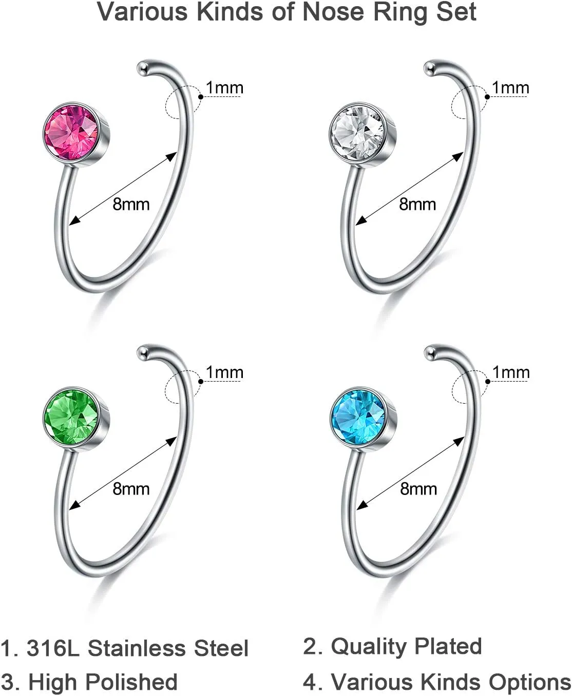 LAURITAMI 18g 20g 22g Nose Rings Surgical Steel Nose Ring Nose Rings Hoops Studs Diamond Nose Nostril Piercing Jewelry for Women Men Silver Black Gold Rose Gold