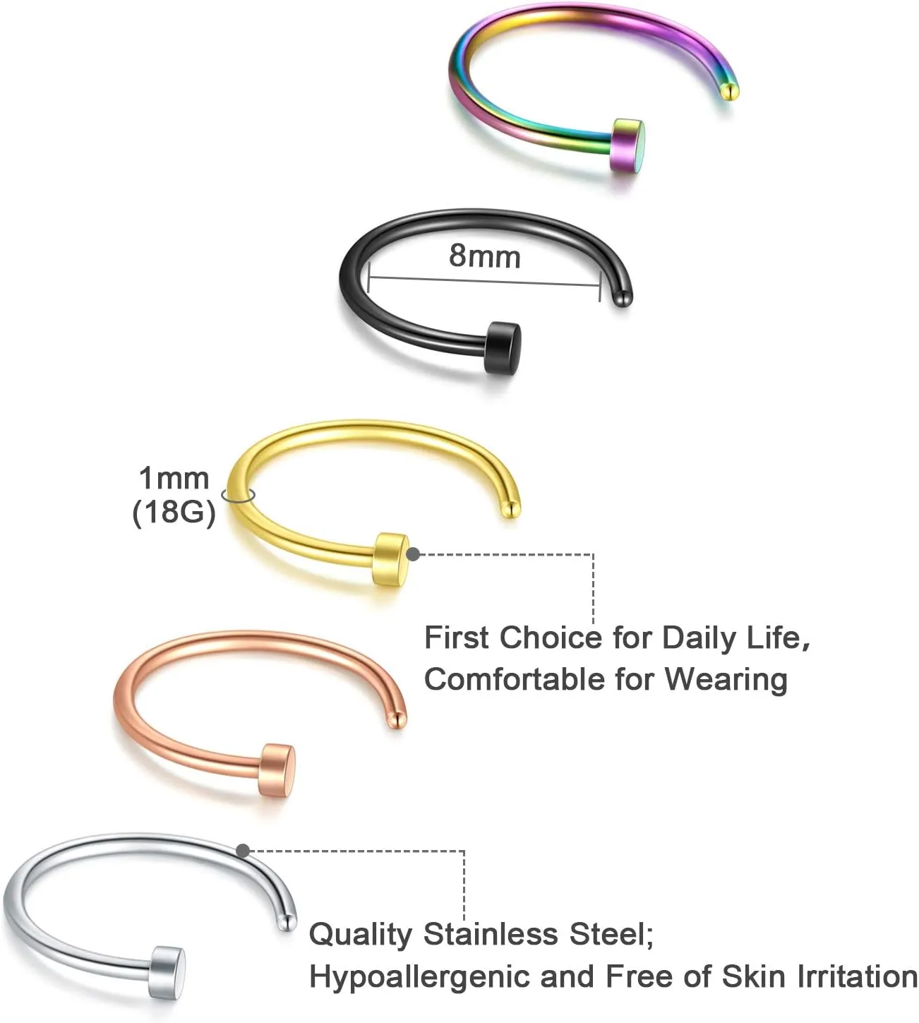 LAURITAMI 18g 20g 22g Nose Rings Surgical Steel Nose Ring Nose Rings Hoops Studs Diamond Nose Nostril Piercing Jewelry for Women Men Silver Black Gold Rose Gold