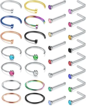 LAURITAMI 18g 20g 22g Nose Rings Surgical Steel Nose Ring Nose Rings Hoops Studs Diamond Nose Nostril Piercing Jewelry for Women Men Silver Black Gold Rose Gold