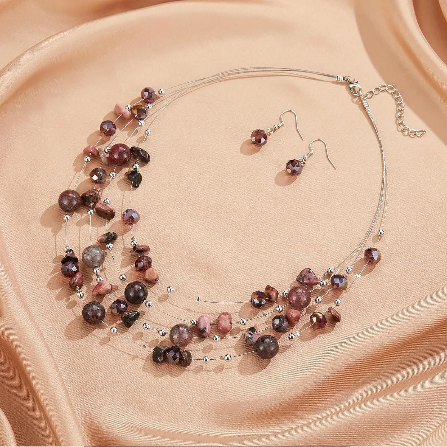 Layered Chunky Statement Necklace for Women Colorful Boho Beaded Necklaces and Earring Set Fashion Costume Jewelry for Women