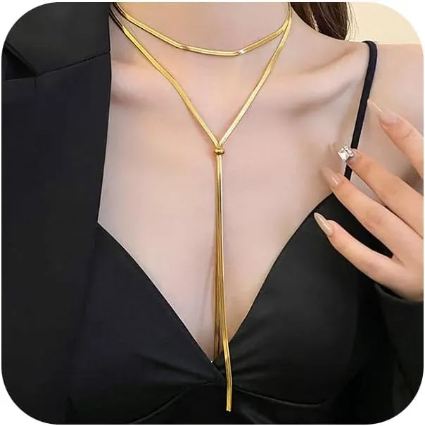 Layered Gold Statement Necklaces for Women 14K Gold Long Triangle Round Beads Y Necklace Gift Vintage Snake Chain Layering Choker Jewelry Accessories
