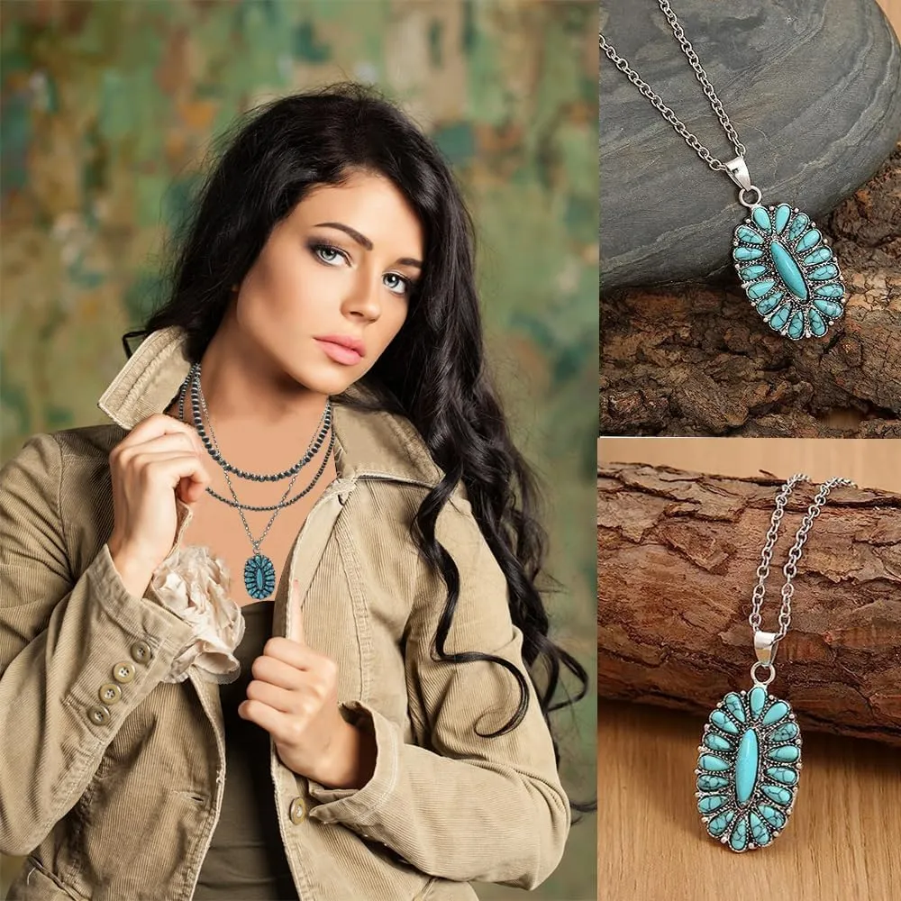 Layered Navajo Pearls Necklace with Western Pendant Necklaces for Women Retro Tribe Western Fashion Accessories