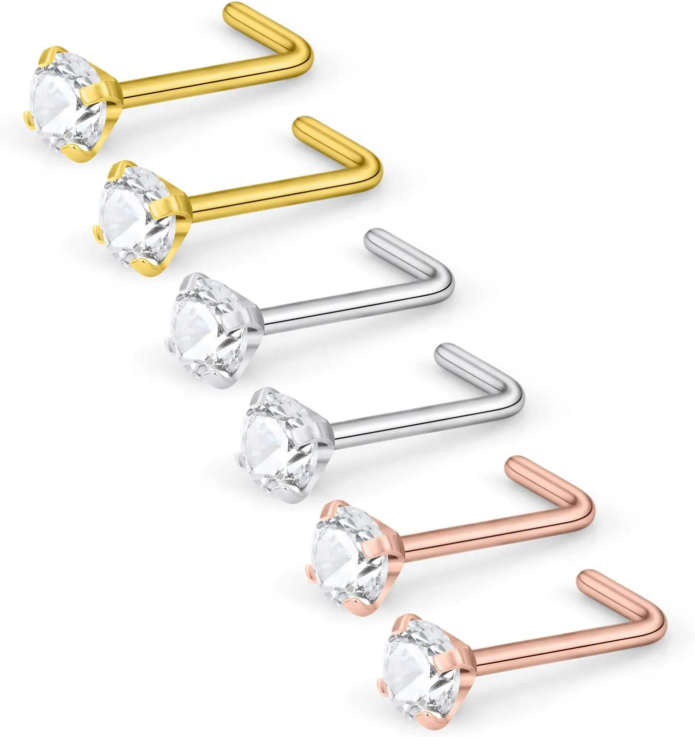Lcolyoli Nose Rings L Shape Bone Screw Nose Studs Stainless Steel 18G Crystal Hypoallergenic Body Piercing Jewelry 1.5-3MM CZ Silver Gold