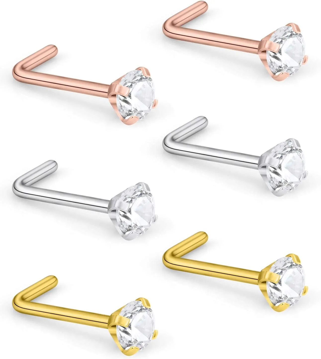 Lcolyoli Nose Rings L Shape Bone Screw Nose Studs Stainless Steel 18G Crystal Hypoallergenic Body Piercing Jewelry 1.5-3MM CZ Silver Gold