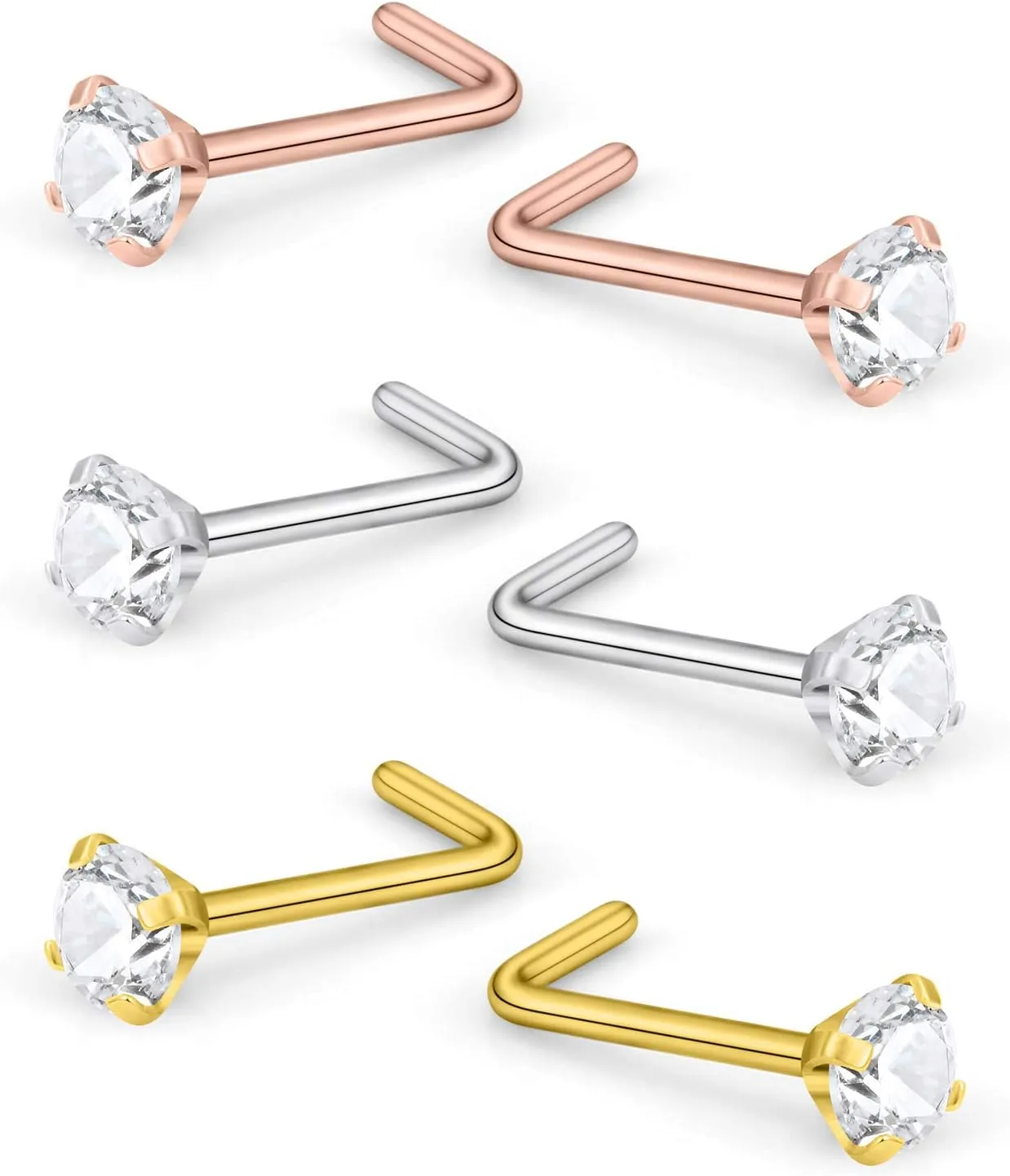 Lcolyoli Nose Rings L Shape Bone Screw Nose Studs Stainless Steel 18G Crystal Hypoallergenic Body Piercing Jewelry 1.5-3MM CZ Silver Gold