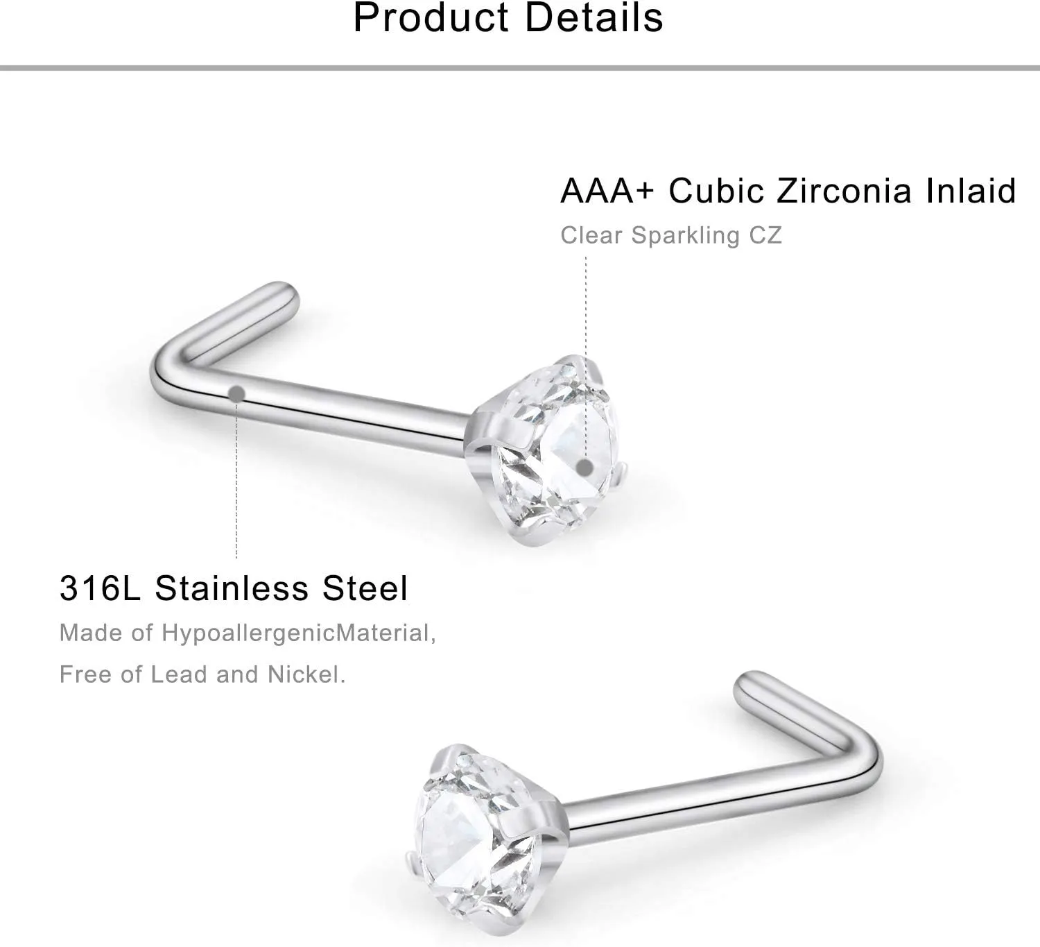 Lcolyoli Nose Rings L Shape Bone Screw Nose Studs Stainless Steel 18G Crystal Hypoallergenic Body Piercing Jewelry 1.5-3MM CZ Silver Gold