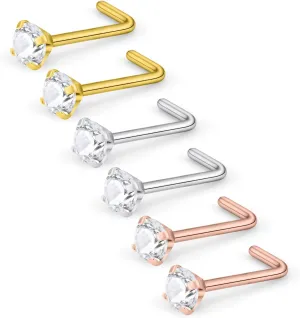 Lcolyoli Nose Rings L Shape Bone Screw Nose Studs Stainless Steel 18G Crystal Hypoallergenic Body Piercing Jewelry 1.5-3MM CZ Silver Gold