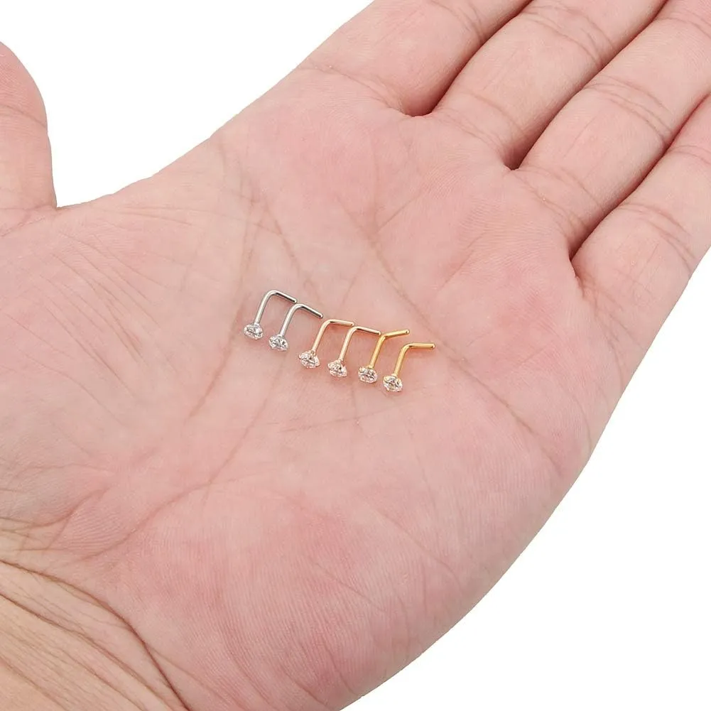 Lcolyoli Nose Rings L Shape Bone Screw Nose Studs Stainless Steel 18G Crystal Hypoallergenic Body Piercing Jewelry 1.5-3MM CZ Silver Gold