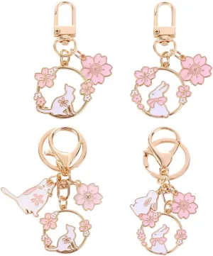 Leadigol 4pcs Cute Metal Rabbit Keychain,Cat Keychain with Cherry Blossom,Aesthetic Keychain Accessories, Bunny Charm for Backpack,Keychain,Wallet,Purse