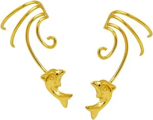Leaping Dolphin Pair Non-pierced Wave Ear Cuff Earring Wraps Gold On Sterling